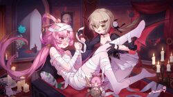 &gt;_&lt; 3girls artist_name bandage_over_one_eye bat_(animal) bat_wings black_gloves black_jacket blush breasts brown_hair candle candlestand chinese_commentary commentary_request feet fu_xuan_(honkai:_star_rail) gloves green_hair highres honkai:_star_rail honkai_(series) huohuo_(honkai:_star_rail) indoors jacket legs long_hair multiple_girls mummy_costume no_shoes open_mouth pantyhose pink_eyes pink_hair portrait_(object) qingque_(honkai:_star_rail) shirt small_breasts soles stuffed_toy tail_(honkai:_star_rail) toes tsubasa_tsubasa white_pantyhose white_shirt wings yuri
