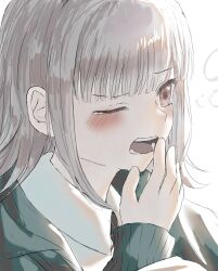 1girl asa_no_wa black_jacket black_shirt blush brown_hair collared_shirt commentary d; danganronpa_(series) danganronpa_2:_goodbye_despair hand_up highres jacket long_sleeves medium_hair nanami_chiaki neck_ribbon no_hair_ornament one_eye_closed open_mouth pink_eyes pink_ribbon ribbon shirt simple_background sleepy solo tearing_up two-tone_shirt white_shirt