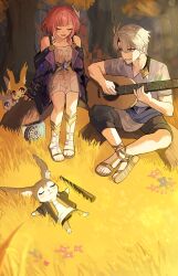 Rule 34 | 1boy, 1girl, absurdres, ahoge, black shorts, book, breasts, coat, commentary, cyrene (honkai: star rail), dress, guitar, hair ornament, highres, holding, holding guitar, holding instrument, honkai: star rail, honkai (series), indian style, instrument, medium hair, multicolored hair, music, nongxy nonshi, on grass, open mouth, outdoors, phainon (a dream scented in wheat) (honkai: star rail), phainon (honkai: star rail), playing guitar, playing instrument, purple coat, purple shirt, sandals, shirt, short hair, shorts, sitting, small breasts, symbol-only commentary, toes, tree, two-tone hair, white dress, white hair