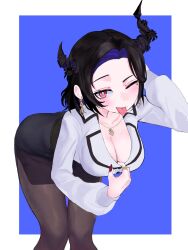 1girl :p ;p asymmetrical_horns bent_over black_hair black_skirt blue_background blue_hair border breasts chemauhh cleavage colored_inner_hair crystal_horns demon_horns dress_suit flower highres hololive hololive_english horn_flower horns jewelry large_breasts leather leather_skirt looking_at_viewer mole mole_under_eye multicolored_hair nerissa_ravencroft nerissa_ravencroft_(casual) office_lady official_alternate_costume official_alternate_hair_length official_alternate_hairstyle one_eye_closed pantyhose pencil_skirt red_eyes shirt skirt smile soju solo thigh_focus tongue tongue_out two-tone_hair uneven_horns virtual_youtuber white_border white_shirt