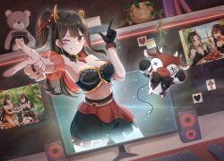 2girls ;q bare_shoulders belt black_collar black_gloves black_hair black_shorts book breasts broken_horn chain cleavage collar commission computer_keyboard computer_mouse cow cross facial_mark gloves hair_ornament heart highres horns hyvred_(vtuber) indie_virtual_youtuber itsbee_(vtuber) jewelry monitor multicolored_hair multiple_girls one_eye_closed orange_eyes orange_horns photo_(object) plant potted_plant red_belt red_hair rikumuro ring shorts single_glove speaker spiked_belt streaked_hair stuffed_animal stuffed_toy sword_earrings symbol-shaped_pupils teddy_bear thigh_belt thigh_strap through_medium through_screen tongue tongue_out twitter_username virtual_youtuber
