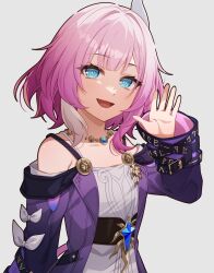 1girl blue_eyes breasts coat commentary_request cyrene_(honkai:_star_rail) dress hair_ornament highres honkai:_star_rail honkai_(series) jewelry looking_at_viewer medium_hair multicolored_hair necklace open_mouth pink_hair pink_pupils pochimaru_(marumaru_wanwan) purple_coat simple_background small_breasts smile solo two-tone_hair white_background white_dress white_hair
