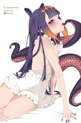 1girl arm_support bed_sheet blue_eyes blush flat_chest frills gradient_hair highres hololive hololive_english long_hair looking_at_viewer mole mole_under_eye multicolored_hair ninomae_ina&#039;nis oioi_ainomo orange_hair paid_reward_available patreon_logo patreon_username pointy_ears purple_hair sidelocks simple_background sitting solo tentacle_hair tentacle_in_mouth tentacles tongue tongue_out very_long_hair virtual_youtuber white_background white_negligee yokozuwari
