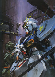 1980s_(style) 3boys amuro_ray anaheim_electronics backpack bag boots bullet_hole cable char&#039;s_counterattack damaged dirty emblem gloves gundam hangar helmet highres jegan light machinery mecha mobile_suit multiple_boys nu_gundam official_art oldschool painting_(medium) radio_antenna realistic retro_artstyle robot scan spacecraft_interior spacesuit takani_yoshiyuki traditional_media vernier_thrusters zero_gravity