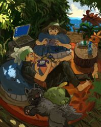 1boy 1girl bandana barefoot bean_bag_chair beanie black_hair blush brendan_(pokemon) brown_hair carpet character_doll commentary_request computer creatures_(company) flower game_boy_advance game_freak game_link_cable gen_3_pokemon green_bandana gulpin handheld_game_console happy hat highres holding holding_handheld_game_console laptop may_(pokemon) minahamu nintendo ocean open_mouth pokemon pokemon_(creature) pokemon_emerald pokemon_rse poochyena ramune short_hair short_sleeves sitting smile stuffed_animal stuffed_toy torchic tree wailmer