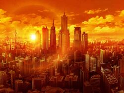artist_request city cloud game_cg magia_record:_mahou_shoujo_madoka_magica_gaiden mahou_shoujo_madoka_magica no_humans official_art orange_sky outdoors scenery sky sun sunlight sunset