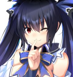 1girl bare_shoulders black_hair bow bowtie breasts commentary_request detached_collar detached_sleeves doria_(p_f_dolia) female_focus finger_to_mouth hair_between_eyes hair_ribbon index_finger_raised long_hair looking_at_viewer medium_breasts neptune_(series) noire_(neptunia) one_eye_closed red_eyes ribbon sidelocks simple_background smile solo twintails upper_body v-shaped_eyebrows white_background