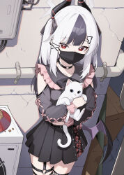1girl animal black_choker black_hair black_horns black_mask black_shirt black_skirt blue_archive cat choker clothing_cutout collarbone demon_horns ear_piercing earclip einheadt grey_halo hair_between_eyes halo highres holding holding_animal holding_cat horns jirai_kei kayoko_(blue_archive) long_hair long_sleeves looking_at_viewer mask miniskirt mole mole_on_collarbone mouth_mask multicolored_hair piercing pleated_skirt red_eyes shirt shoulder_cutout single_wing skirt solo standing two-tone_hair white_hair wings