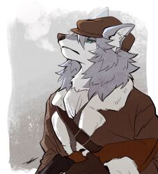 1boy animal_ears axontatsu brown_hat brown_jacket commentary fate/grand_order fate_(series) fur-trimmed_jacket fur_trim furry furry_male grey_fur grey_hair gun hat highres holding holding_gun holding_weapon jacket looking_up male_focus patxi_(fate) signature weapon wolf_boy wolf_ears