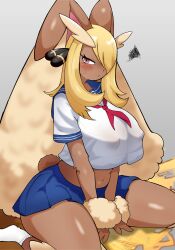 1girl :&lt; animal_ears animal_nose annoyed blonde_hair blue_sailor_collar blue_skirt blush body_fur brown_fur closed_mouth covered_erect_nipples cynthia_(pokemon) female_focus furrification furry furry_female gen_4_pokemon hair_ornament hair_over_one_eye half-closed_eye highres long_hair lopunny neckerchief nintendo pleated_skirt pokemon pokemon_(creature) pokemon_dppt rabbit_ears rabbit_tail red_eyes red_neckerchief sailor_collar sailor_shirt school_uniform shirt short_sleeves sitting skirt socks solo spread_legs squiggle sweatdrop tail textless_version thighs tonbi_(enbitonbi) yellow_fur