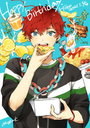 1boy amagi_hiiro black_shirt blue_eyes bracelet character_name cup dated drinking_straw earrings eating english_text ensemble_stars! food fruit hair_between_eyes happy_birthday highres holding holding_food jewelry ketchup kiwi_(fruit) lemon lemon_slice looking_at_viewer male_focus nakayama_miyuki necklace open_mouth pineapple plate red_hair shirt short_hair signature soda solo strawberry striped_clothes striped_shirt teeth tomato upper_body