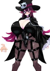 1girl absurdres akan_mori black_cape black_hat black_leotard breasts cape cleavage dot_nose duel_masters eyelashes female_focus grin hat highres huge_breasts leotard long_hair looking_at_viewer monocle pantyhose purple_eyes purple_hair shiny_skin skull smile solo standing tasogare_mimi thick_thighs thighs white_background wide_hips