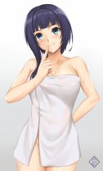 Rule 34 | 1girl, arcie albano, arm behind back, artist logo, asaka karin, bare shoulders, black hair, blue eyes, breasts, cleavage, collarbone, commentary request, cowboy shot, finger to mouth, gradient background, groin, highres, large breasts, licking lips, logo, love live!, love live! nijigasaki high school idol club, medium hair, naked towel, smile, solo, tongue, tongue out, towel, wet