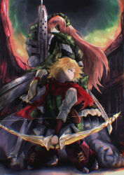 2days_wotori absurdres armor armored_dress arrow_(projectile) artificial_eye assault_rifle belt black_dress black_pants blonde_hair boots bow bow_(weapon) camouflage camouflage_gloves camouflage_headwear camouflage_legwear camouflage_scarf cape circlet cz2128_delta dress eyepatch gauntlets greaves green_armor green_eyes gun highres holding holding_bow_(weapon) holding_gun holding_weapon kneeling long_hair long_sleeves maid maid_headdress mechanical_eye neia_baraja overlord_(maruyama) pants pink_hair quiver red_cape rifle sanpaku shirt short_hair silver_circlet single_vambrace standing thigh_boots vambraces very_long_hair weapon white_shirt