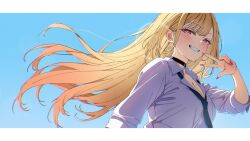 1girl black_choker blonde_hair blue_background blue_necktie blush breasts choker cleavage clenched_teeth collared_shirt fake_nails gradient_background kitagawa_marin lens_flare letterboxed long_hair looking_at_viewer nail_polish necktie pink_eyes pink_nails school_uniform shirt solo sono_bisque_doll_wa_koi_wo_suru summer_uniform teeth upper_body uta_kun v white_shirt