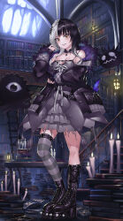1girl black_boots black_choker black_coat black_dress black_thighhighs book book_stack bookshelf boots breasts candle chain choker cleavage coat crazypen dress fire full_body fur-trimmed_coat fur_trim grey_hair grey_thighhighs grin highres hololive hololive_english indoors lantern large_breasts long_hair looking_at_viewer multicolored_hair purple_coat ribbon shiori_novella shiori_novella_(1st_costume) single_thighhigh smile solo spiked_boots split-color_hair stairs standing striped_clothes striped_thighhighs table teeth thighhighs two-sided_coat two-sided_fabric two-tone_hair two-tone_thighhighs virtual_youtuber white_ribbon window yellow_eyes yorick_(shiori_novella)