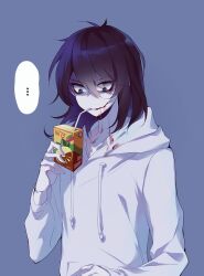 ... 1boy 779762391_(lofter) androgynous annoyed antenna_hair bags_under_eyes black_hair blue_background blue_eyes chinese_commentary clenched_teeth colored_skin commentary_request creepypasta drawstring drinking_straw drinking_straw_in_mouth eyes_visible_through_hair fingernails glasgow_smile highres holding_juice_box hood hood_down hoodie jeff_the_killer juice_box long_sleeves looking_down male_focus medium_hair no_nose puffy_long_sleeves puffy_sleeves shaded_face simple_background solo swept_bangs teeth upper_body v-shaped_eyebrows white_hoodie white_skin