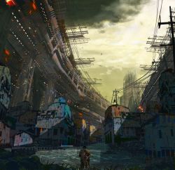 1boy bird building city cloud cloudy_sky commentary dilapidated from_behind grass highres kiginobiru_(hayapi) original outdoors overcast river scaffolding scenery sky slums standing twilight urban very_wide_shot wading