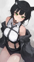 1girl absurdres animal_ears bare_shoulders belt_buckle black_choker black_hair black_jacket black_necktie black_shorts breasts buckle chest_harness choker closed_mouth collared_shirt crop_top earpiece green_eyes harness highres indie_virtual_youtuber jacket long_hair long_sleeves looking_at_viewer mac_star maluckitty medium_breasts midriff mole mole_on_cheek navel necktie off_shoulder open_clothes open_jacket shirt short_shorts shorts simple_background sleeveless sleeveless_shirt smile solo thighs virtual_youtuber white_background white_shirt