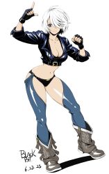 1girl angel_(kof) backless_pants blacks0956 blue_eyes boots bra breasts chaps cleavage cowboy_boots crop_top cropped_jacket fingerless_gloves gloves hair_over_one_eye highres horns_pose index_fingers_raised jacket large_breasts leather leather_jacket looking_at_viewer midriff navel panties pants short_hair smile snk solo strapless strapless_bra the_king_of_fighters the_king_of_fighters_xiv toned toned_female underwear white_hair