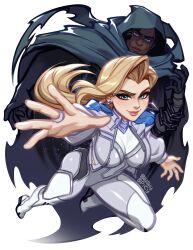1boy 1girl artist_name black_cape black_gloves blonde_hair blue_eyes blushyspicy bodysuit breasts cape cloak_(marvel) closed_mouth commentary curtained_hair dagger_(marvel) dark-skinned_male dark_skin earrings english_commentary gloves grey_bodysuit grey_eyes highres hood hooded_cape jewelry large_breasts long_hair looking_at_viewer marvel marvel_rivals ring smile watermark
