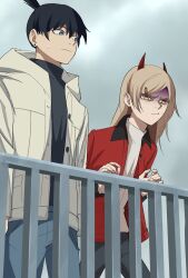 1boy 1girl black_hair blonde_hair blue_eyes chainsaw_man demon_girl disgust ear_piercing flat_chest hair_ornament hairclip hayakawa_aki highres horns jacket long_hair nervous pants piercing ponytail power_(chainsaw_man) rinneko_art shirt short_hair standing sweatdrop symbol-shaped_pupils turtleneck winter_clothes yellow_eyes