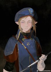 1boy akihare black_background black_shirt blonde_hair blue_eyes blue_hat blue_tabard newsboy_cap closed_mouth commentary earrings expressionless eyelashes gloves hashtag-only_commentary hat high_collar highres jewelry layered_shirt layered_sleeves light_blush link lips long_sleeves looking_at_viewer male_focus military_hat military_uniform nintendo pointy_ears puffy_short_sleeves puffy_sleeves red_shirt shirt short_hair short_over_long_sleeves short_sleeves single_earring solo tabard the_legend_of_zelda the_legend_of_zelda:_tears_of_the_kingdom thick_eyebrows triforce_print turtleneck turtleneck_shirt upper_body white_gloves
