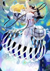 Rule 34 | 1girl, arm up, black hat, black ribbon, black sclera, colored sclera, colored skin, dress, fangs, fate/grand order, fate (series), flower, full body, game cg, hat, horror (theme), impressionism, kibadori rue, legs together, long dress, long sleeves, looking at viewer, official art, open mouth, outstretched arms, puffy dress, puffy long sleeves, puffy sleeves, ribbon, see-through dress layer, smile, solo, starry night (van gogh), sunflower, third-party source, van gogh (fate), van gogh (third ascension) (fate), white dress, white eyes, white hair, white skin, wide sleeves