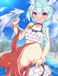 Rule 34 | 1girl, absurdres, bikini, blue hair, blue sky, blue wings, blurry, blurry background, blush, bracelet, braid, censored, crystal horns, crystal wings, dragon horns, dragon wings, fang, flower, frilled bikini, frilled bikini top, frills, gold bracelet, hair flower, hair ornament, hair over shoulder, highres, horns, jewelry, kuroha koudai, long hair, mosaic censoring, multiple bracelets, octopus, open mouth, outdoors, princess connect!, purple eyes, pussy, sheffy (princess connect!), sheffy (summer) (princess connect!), skin fang, sky, slit pupils, swimsuit, tearing up, white bikini, wings