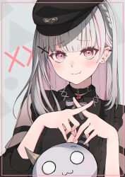 1girl asumi_sena black_collar black_hat blush closed_mouth collar colored_inner_hair cross_hair_ornament ear_piercing earrings fang grey_hair hair_ornament hat highres jewelry long_hair looking_at_viewer mfy_a multicolored_hair piercing pink_eyes pink_hair skin_fang solo streaked_hair two-tone_hair virtual_youtuber vspo!