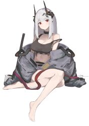 1girl absurdres arknights bare_shoulders barefoot black_sports_bra breasts brown_horns cleavage closed_mouth collarbone commentary_request crop_top dot_mouth expressionless grey_hair hammer highres horns infection_monitor_(arknights) large_breasts long_hair looking_at_viewer mudrock_(arknights) mudrock_(elite_ii)_(arknights) partial_commentary pointy_ears red_eyes shaggy_(user_mpum7284) sidelocks signature sitting sledgehammer sleeveless solo sports_bra strap_slip weapon