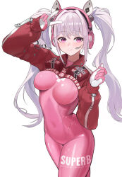 Rule 34 | 1girl, absurdres, alice (nikke), animal ear headphones, animal ears, arm up, blush, bodysuit, breasts, chinese commentary, closed mouth, clothes writing, commentary request, covered navel, cowboy shot, fake animal ears, gloves, goddess of victory: nikke, grey hair, hair intakes, hand up, headphones, headset, highres, hoshiku satsuki, long hair, long sleeves, medium breasts, microphone, pink bodysuit, pink eyes, pink gloves, red shrug, shrug (clothing), sidelocks, simple background, skin tight, sleeves past wrists, smile, solo, standing, twintails, two-tone gloves, v, very long hair, white background, white gloves