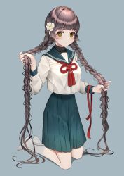 1girl aqua_sailor_collar aqua_skirt blunt_bangs braid flower grey_background hair_flower hair_ornament highres holding holding_own_hair knot long_hair long_sleeves original pleated_skirt red_neckwear red_ribbon ribbon sailor_collar shirt simple_background skirt socks solo tassel twin_braids usamochi. very_long_hair white_flower white_shirt white_socks