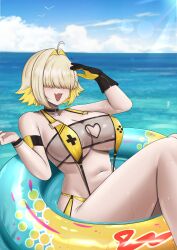 1girl :d absurdres ahoge bird black_choker blonde_hair blue_sky breasts choker cleavage cleavage_cutout clothing_cutout cloud curvy day elegg_(boom_and_shock)_(nikke) elegg_(nikke) fang gloves goddess_of_victory:_nikke hair_intakes heart_cutout highres large_breasts navel ocean open_mouth outdoors short_hair single_glove sky slingshot_swimsuit smile solo stomach sunlight suspenders swimsuit thighs water wet yellow_slingshot_swimsuit yukaraishin