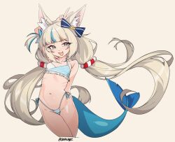 1girl animal_ears bikini blonde_hair blue_bikini blue_hair cat_ears cat_girl cowboy_shot fins fish_tail flat_chest indie_virtual_youtuber multicolored_hair sameko_saba shark_girl shark_tail simple_background solo streaked_hair striped_bikini striped_clothes swimsuit tail tilt-shift_(azalanz) two-tone_hair virtual_youtuber white_background white_bikini