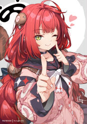 1girl black_sailor_collar black_skirt braid breasts choker closed_mouth commentary green_eyes hat highres hong_(white_spider) layered_skirt long_hair long_sleeves looking_at_viewer medium_breasts one_eye_closed peaked_cap pink_sweater red_hair sailor_collar school_uniform skirt smile solo sweater twin_braids ukinami_yuzuha variant_set zenless_zone_zero
