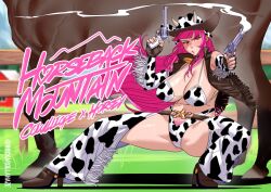 1girl alternate_costume animal_ears animal_print armpit_crease armpit_hair artist_name bell belt bikini blurry blurry_background blush boots breasts brown_belt brown_boots brown_gloves brown_vest chaps cow_ears cow_print cowbell cowboy_hat day detached_sleeves female_pubic_hair fingerless_gloves full_body gloves gun handgun hat highres holding holding_gun holding_weapon hololive hololive_english horse huge_breasts leaning_to_the_side long_hair looking_at_viewer mori_calliope neck_bell open_clothes open_mouth open_vest outdoors pink_eyes pink_hair print_bikini pubic_hair revolver rockarollahaze swimsuit thick_thighs thighs twitter_username very_long_hair vest virtual_youtuber weapon white_bikini
