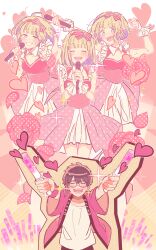 1boy 1girl blonde_hair blue_eyes blush brown_hair closed_eyes commentary_request dress glasses glowstick grin happy heart highres holding holding_glowstick holding_microphone honeyworks idol jacket medium_hair microphone mikkun_04 multiple_views narumi_mona official_art open_mouth outstretched_arms own_hands_together pink_dress pink_jacket shirt short_hair smile sweat white_shirt