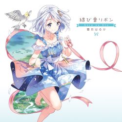 1girl barefoot bird blue_dress blue_eyes blush collarbone daichi_no_oto dress female_focus hair_ornament highres holding holding_ribbon leg_up long_hair looking_down pink_ribbon ribbon silver_hair simple_background skirt_hold smile solo tiv white_background