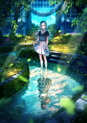 1girl aqua_eyes black_shirt blurry commentary_request day depth_of_field highres holding holding_unworn_clothes holding_footwear holding_unworn_clothes lantern leaf light_rays long_hair looking_at_viewer original outdoors pleated_skirt reflection sailor_collar scenery shirt short_sleeves shuu_illust skirt smile stairs standing summer sunbeam sunlight tree white_hair white_sailor_collar white_skirt