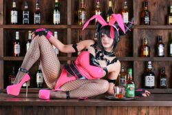 1girl absurdres alcohol alternate_costume animal_ears belt black_hair bottle breasts cameltoe cosplay fake_animal_ears fingerless_gloves fishnets full_body glass glass_bottle gloves han_juri high_heels highres large_breasts latex leotard one_eye_covered playboy_bunny real_life rirarira_321 spread_legs street_fighter street_fighter_6 table tray