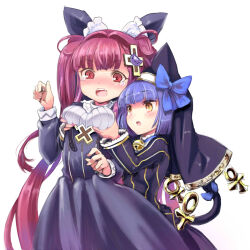 2girls ajitarou_(setsu) alucard_lore ankh bastet_lore blue_hair blue_ribbon blush cat_girl cat_tail emil_chronicle_online grabbing_another&#039;s_breast groping hair_ornament hair_ribbon highres long_hair multiple_girls nun open_mouth purple_hair red_eyes ribbon tail tail_ornament tail_ribbon thighhighs twintails vampire white_background yellow_eyes yuri