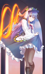 Rule 34 | 1girl, black hat, blue hair, blue skirt, boots, bow, bowtie, brown boots, food, fruit, hat, hinanawi tenshi, lace-up boots, leaf, long hair, pantyhose, peach, pita (pitaani-223), red bow, red bowtie, red eyes, shirt, skirt, sword, sword of hisou, touhou, weapon, white shirt
