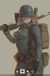 1girl ammunition_pouch backpack bag battlefield_(series) battlefield_1 belt bk-201xwz black_gloves blonde_hair combat_helmet covered_eyes crutch female_focus gloves gun helmet highres holding holding_gun holding_weapon long_hair looking_at_viewer military military_combat_uniform military_uniform over_shoulder pouch rifle smile solo stahlhelm tan_background utility_belt weapon weapon_over_shoulder