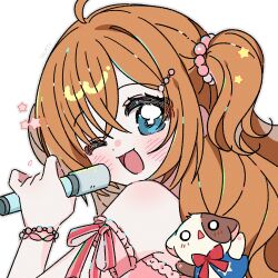 1girl ;d ahoge bare_shoulders blue_eyes blush bracelet brown_hair commentary grey_outline highres holding holding_microphone jewelry kirarin_revolution long_hair looking_at_viewer microphone na-san one_eye_closed open_mouth outline portrait simple_background smile star_(symbol) symbol-only_commentary tsukishima_kirari two_side_up white_background yalmyu