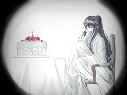 1boy black_border black_eyes black_hair blue_eyes border cake candle chinese_clothes food hair_between_eyes hand_on_own_chin hanfu head_tilt heterochromia high_ponytail highres hong_lu_(project_moon) light_smile limbus_company long_hair looking_at_object male_focus partially_colored pipi_tt plate ponytail project_moon solo spotlight strawberry_cake table tablecloth very_long_hair whipped_cream white_hanfu wide_sleeves