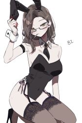 1girl animal_ears arm_strap bare_shoulders black_leotard black_necktie black_shoes black_thighhighs brown_hair detached_sleeves fake_animal_ears garter_straps genderswap genderswap_(mtf) glasses green_eyes highres hypnosis_mic iruma_jyuto kneeling leotard mind_control necktie patzzi playboy_bunny rabbit_ears red_nails shoes short_necktie simple_background solo thighhighs white_background wrist_cuffs