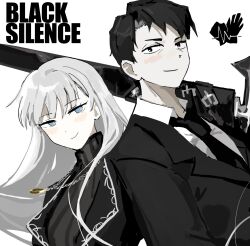 1boy 1girl angelica_(project_moon) back-to-back black_eyes black_hair black_necktie blue_eyes closed_mouth collared_shirt floating_hair highres jewelry lapels library_of_ruina long_hair looking_at_viewer necklace necktie notched_lapels parted_bangs project_moon rai_(r2718281) ring ring_necklace roland_(project_moon) shirt silver_trim simple_background smile upper_body very_long_hair white_background white_hair white_shirt