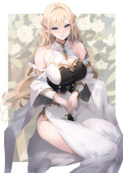 1girl absurdres baketsu bare_shoulders barefoot blonde_hair blue_eyes blue_gemstone braid breasts cleavage cleavage_cutout clothing_cutout collarbone commentary_request dress elf gem gold_trim highres large_breasts light_smile long_hair long_sleeves looking_at_viewer mature_female original pointy_ears sitting solo very_long_hair white_dress