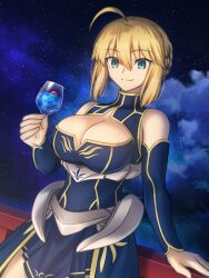 1girl ahoge armor artoria_pendragon_(fate) artoria_pendragon_(lancer)_(fate) bare_shoulders blonde_hair blue_dress breasts cleavage cleavage_cutout clothing_cutout cup detached_sleeves dress drinking_glass fate/grand_order fate_(series) faulds green_eyes highres large_breasts looking_at_viewer medium_hair night night_sky shoori_(migiha) sidelocks sky smile solo